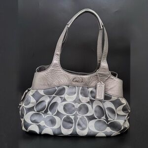 COACH Lexi Signature Jacquard Canvas Gray Silver Leather Trims Shoulder Tote Bag